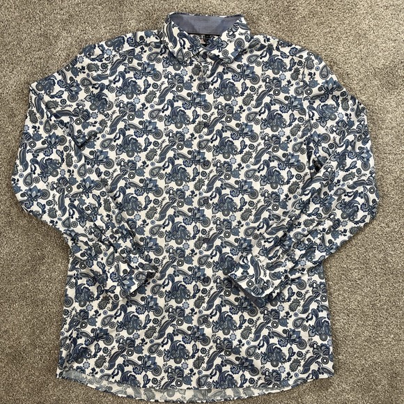 OLYMP Level 5 Body Fit Shirt 17/43 Blue Paisley Floral Dress Shirt Modern Slim - Picture 1 of 10